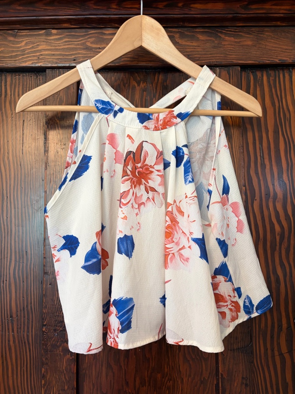 Floral Halter Tank Top - Cream with Blue & Coral Flowers